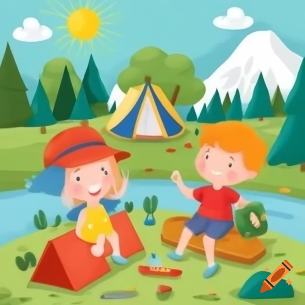 Children with backpacks joyfully walking in the forest camping theme