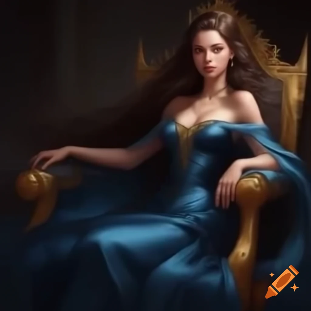 Young empress with brunette hair on golden throne in sapphire silk dress