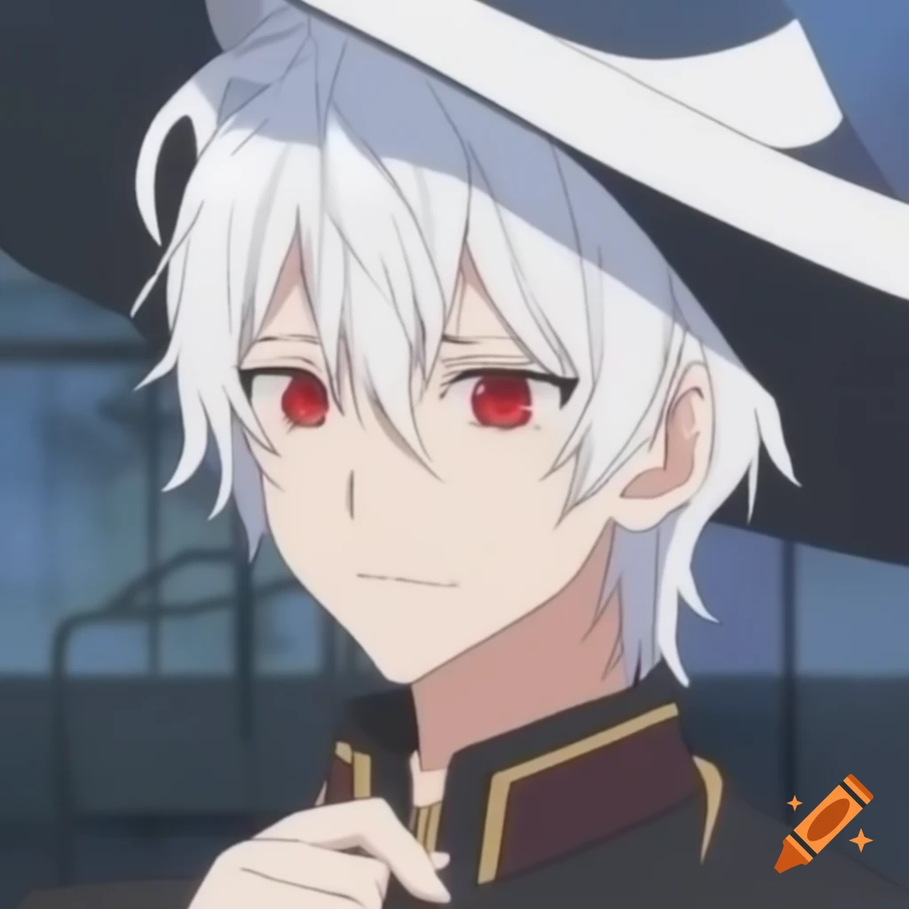 Anime character with white hair, red eyes, and a small hat in 2017 style