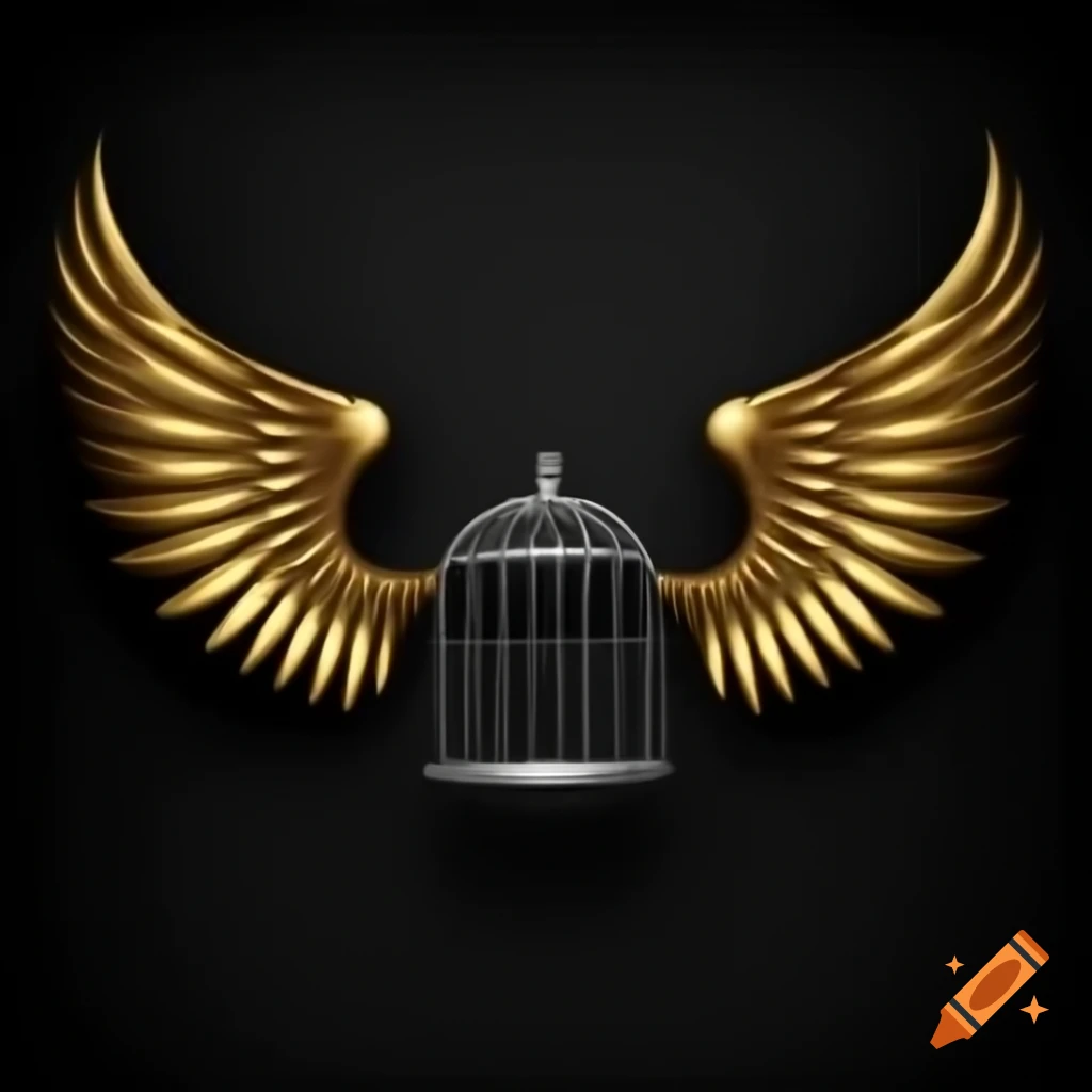 Black background featuring golden wings and silver cage