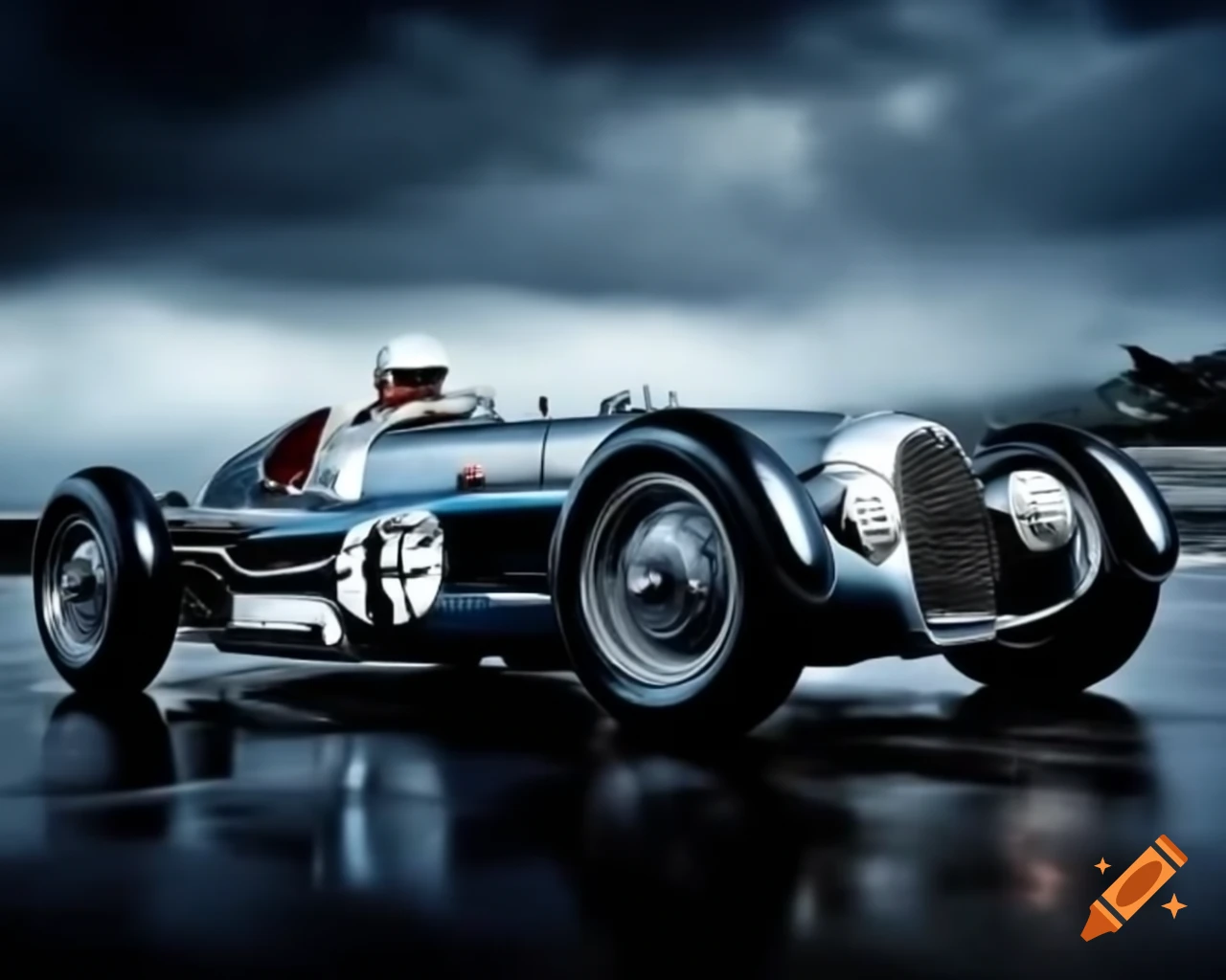 1936 Monaco Grand Prix Mercedes Benz Carraciola in rainy weather, inspired by John Ketchell's 'Rain King', panoramic view