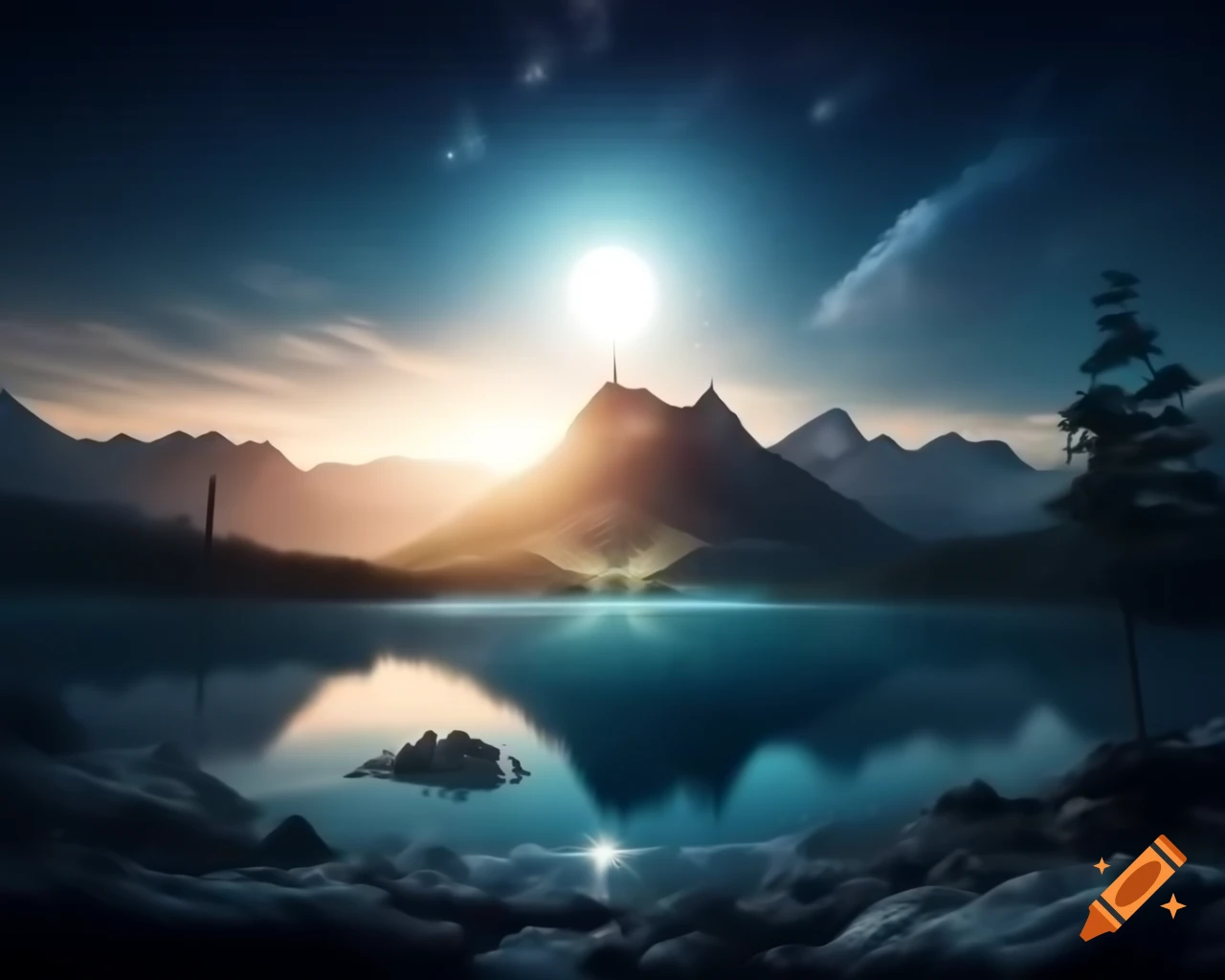 Photorealistic 3D render of mountain lake at sunset with sun rays and island