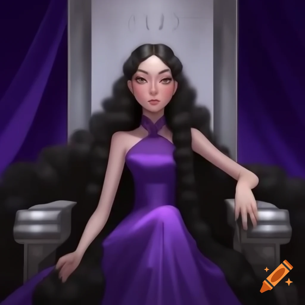 Young empress with black hair on silver throne in royal purple silk dress