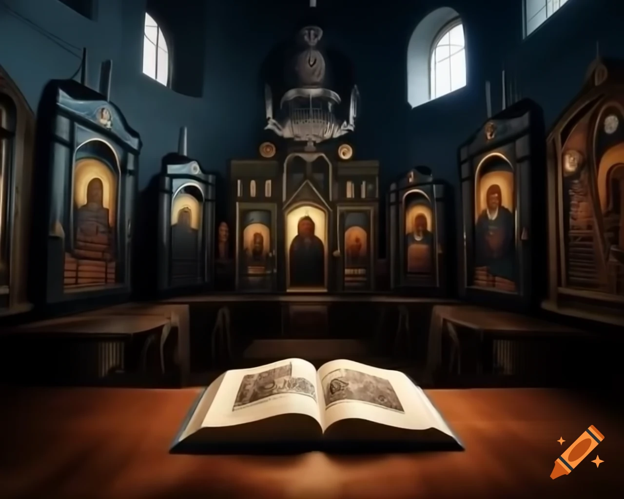 Open book on table in church with illuminated iconostasis