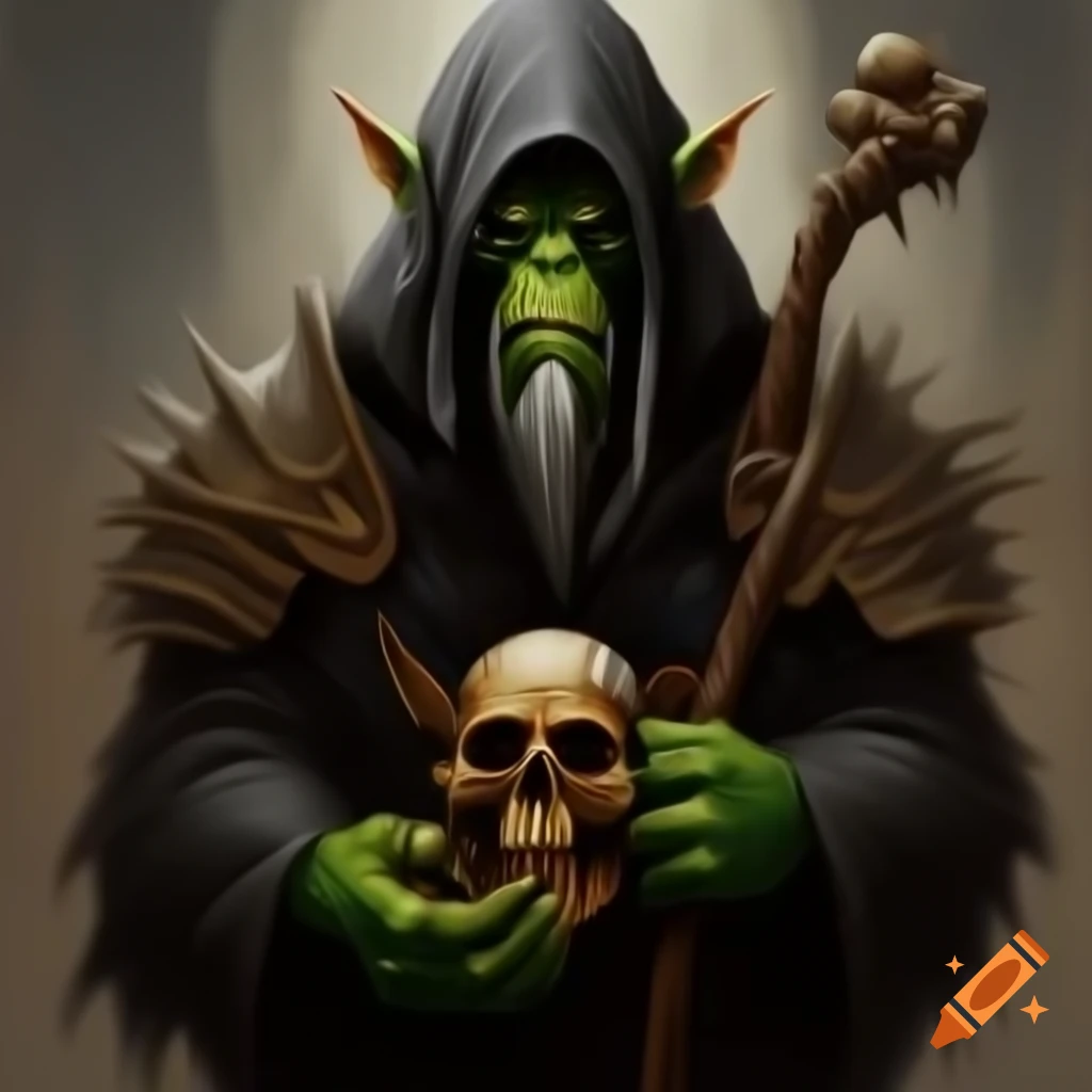 Hooded orc warlock with skull and staff in black robe