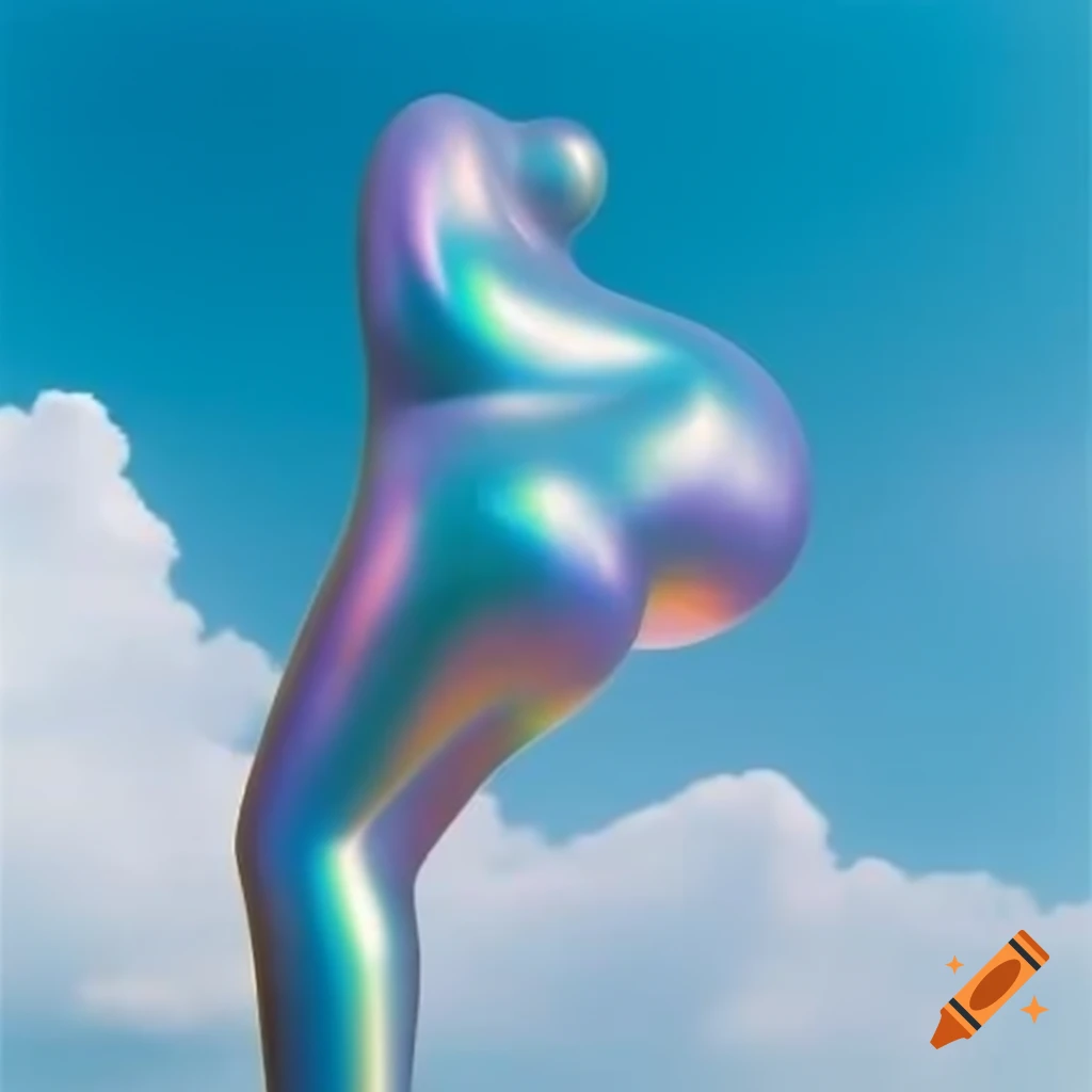 Iridescent statue against bright sky in pop surreal 2000's photography