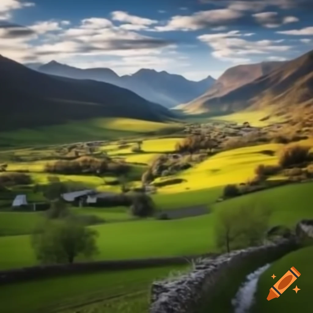 Landscape featuring mountains and a village