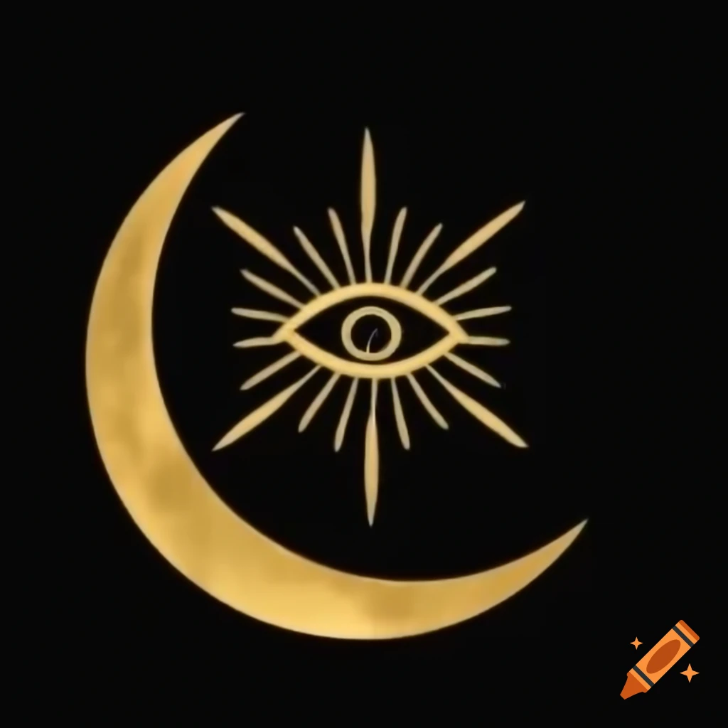 Crescent moon with eye symbol in gold on black background