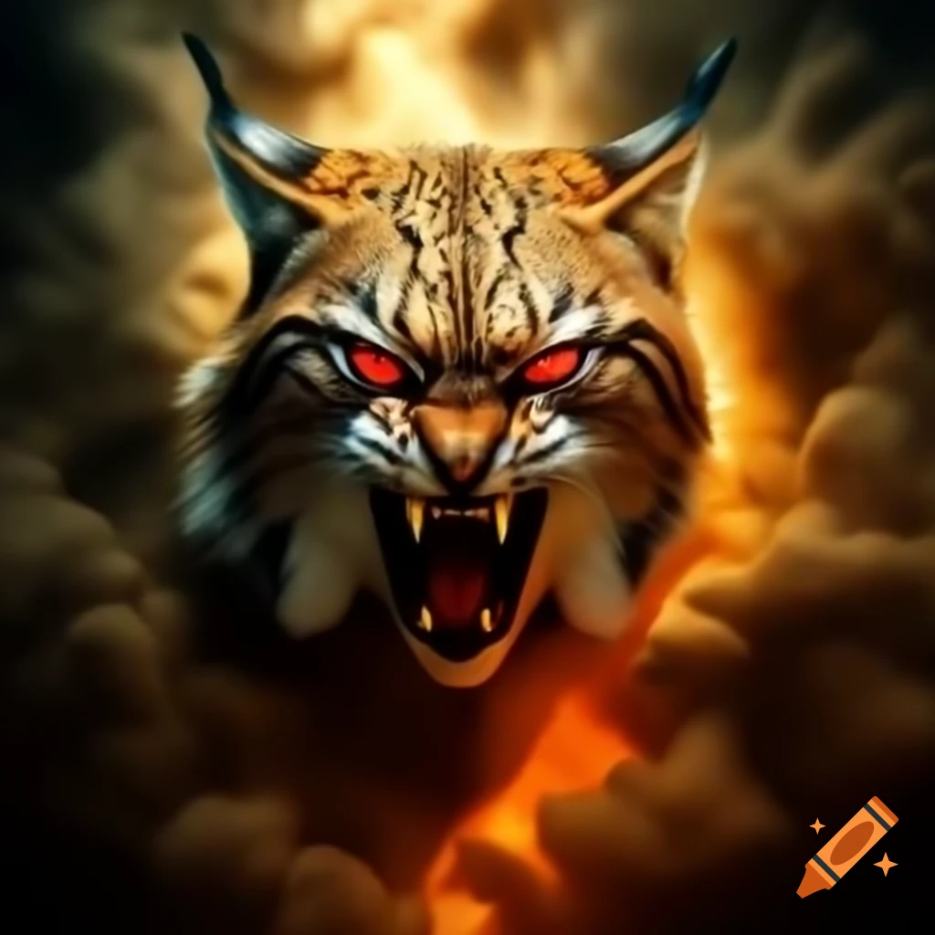 Lynx visage emerging from gold mist vortex with glowing red eyes
