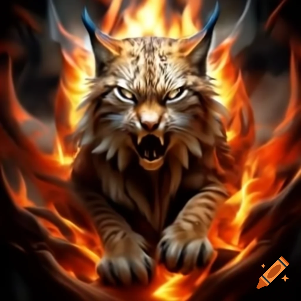 Lynx with blue eyes lunging from portal of orange flames, showcasing fierce energy