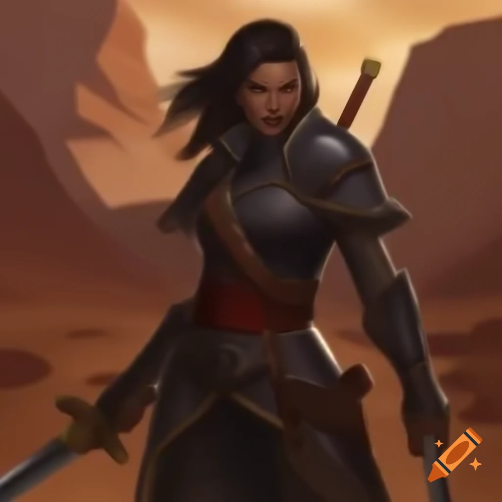 Adaneera, sword-mage character in a desert setting