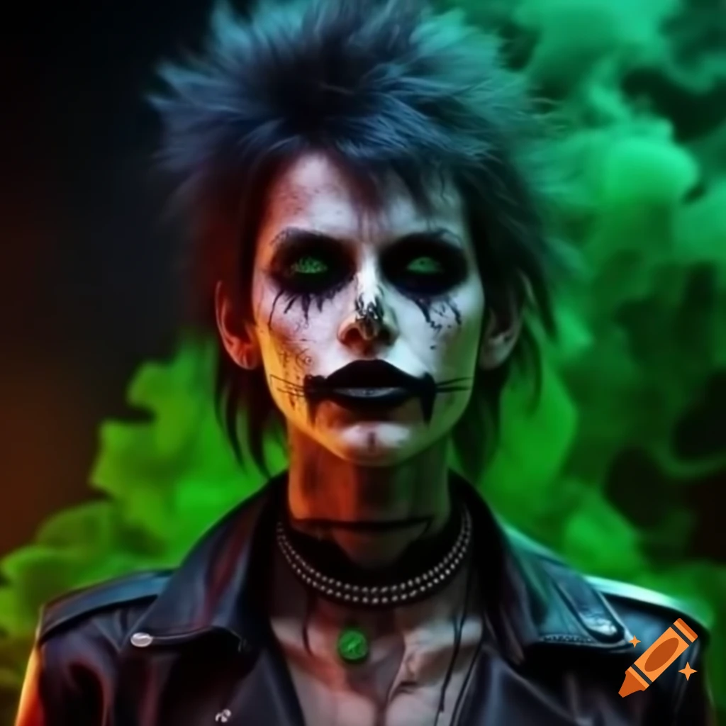 Psychedelic punk rock vampire with messy hair and piercings against green smoke