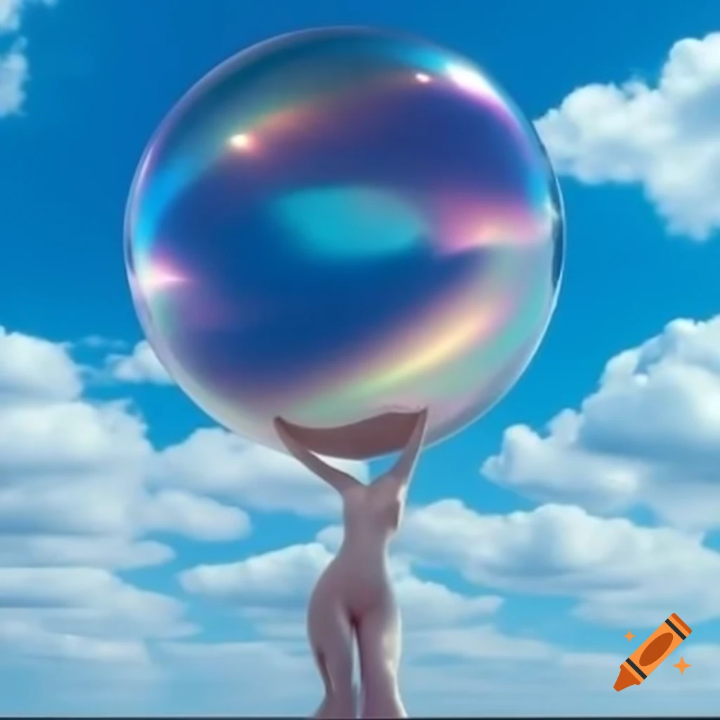 Iridescent statue against bright sky, pop surrealism style
