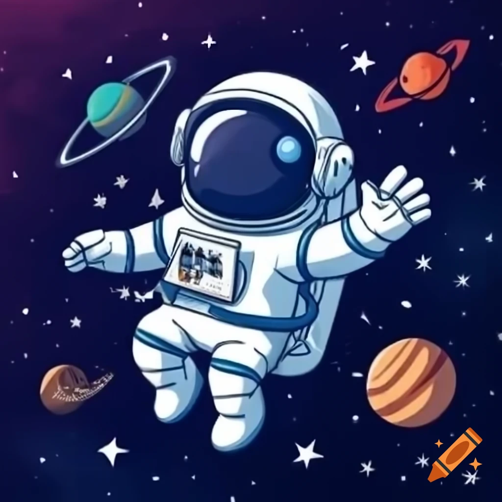 Cartoon-style astronaut flying through a Tim Burton-inspired universe