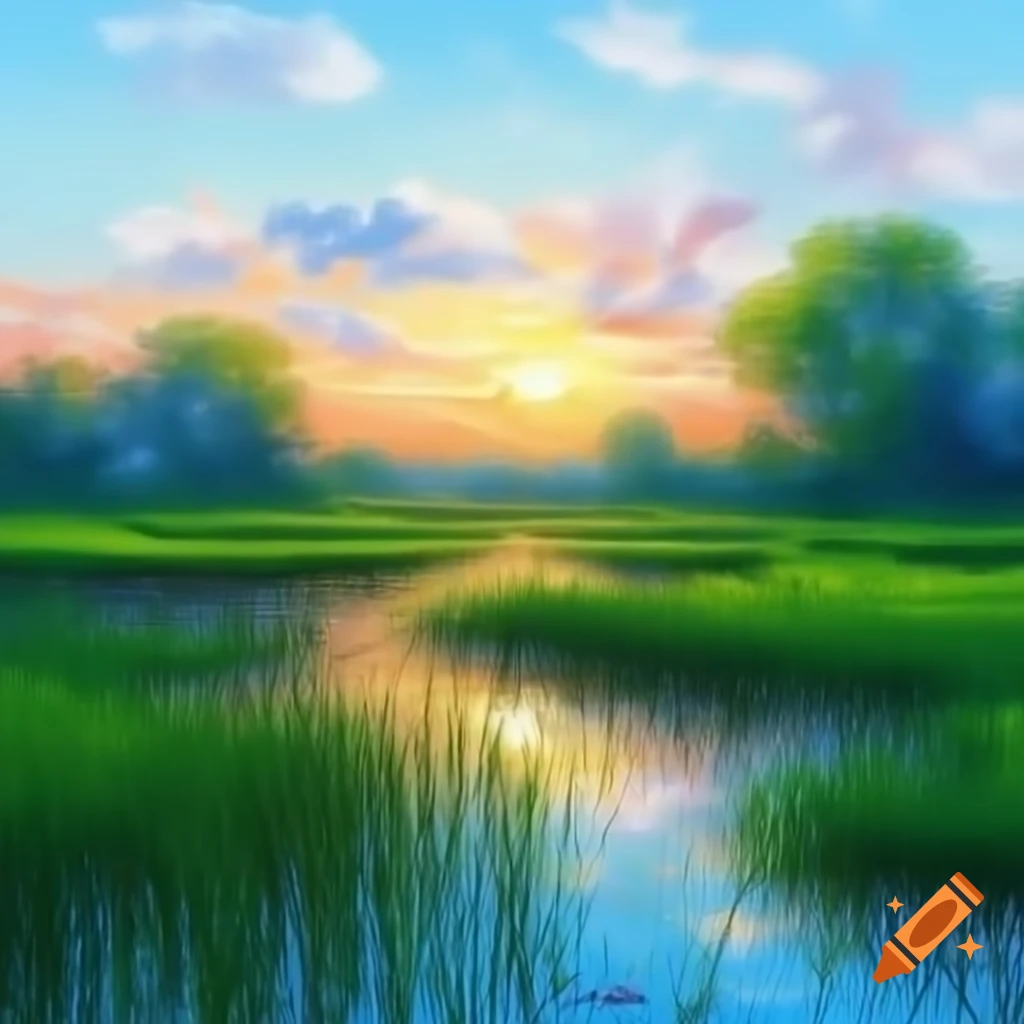Beautiful marsh depicted in Monet's painting style