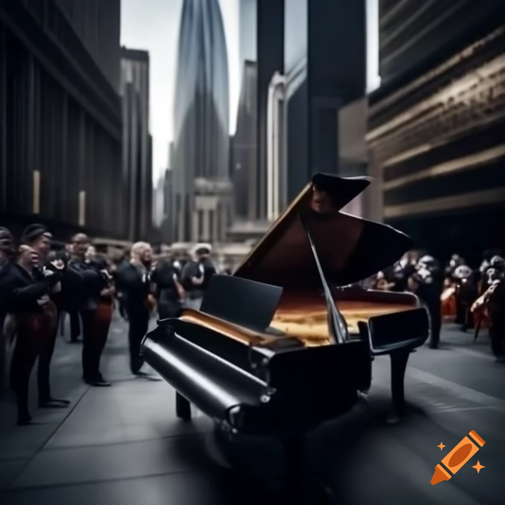 Symphony orchestra with grand piano surrounded by skyscrapers