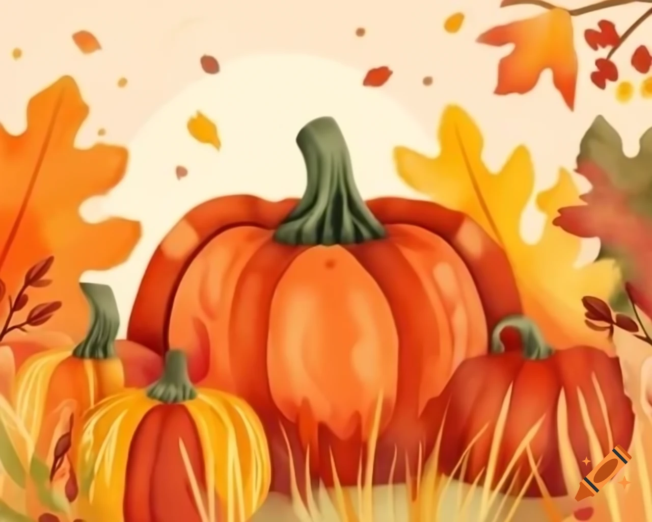 Pumpkin-shaped Thanksgiving punchbowl in vibrant autumn colors, watercolor style