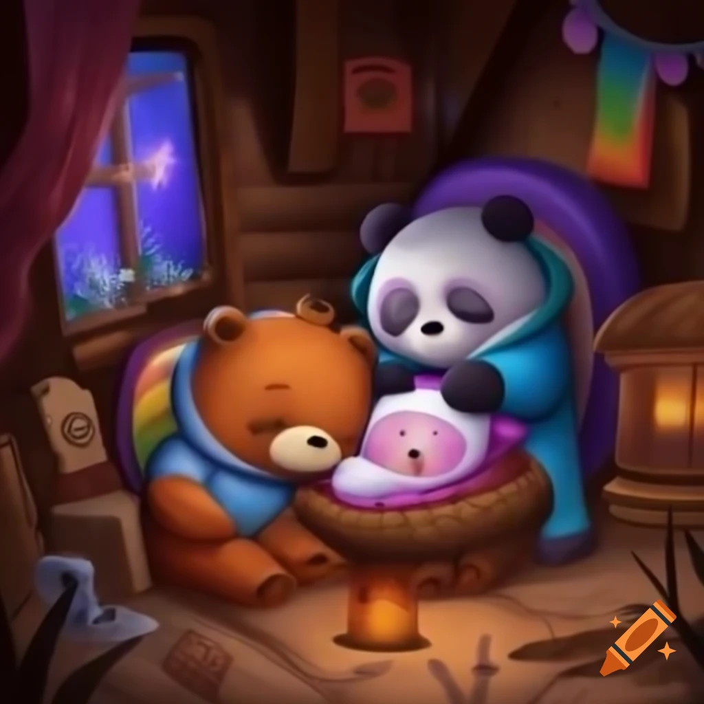 Grizzly bear and panda in cozy cabin with oversized blankets