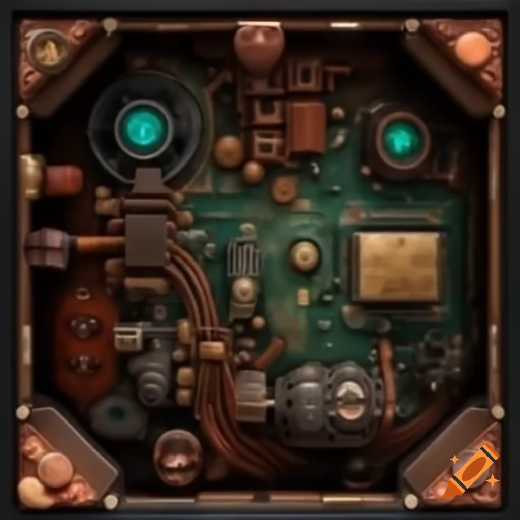 Intricate interior of an arcane machine with brass and copper components