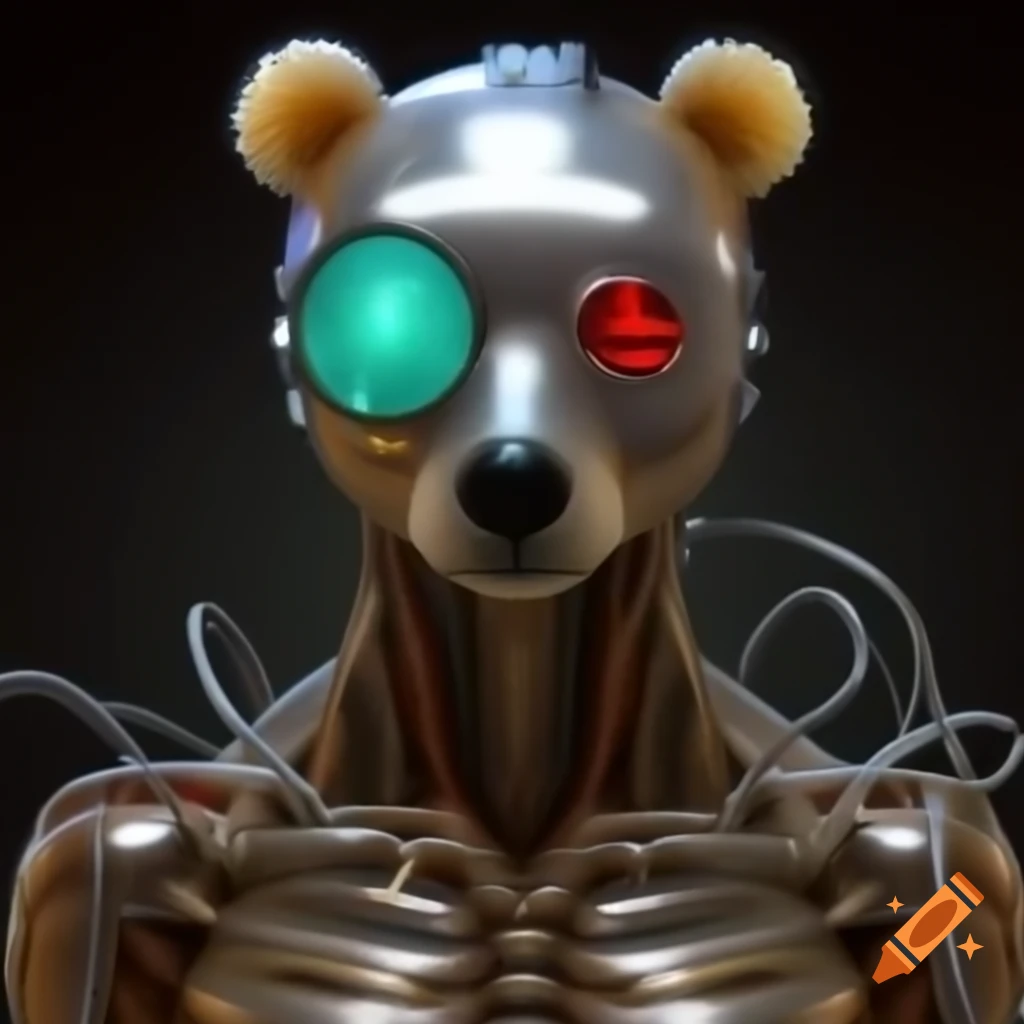 Creature with gummy bear head, silver body, wires, and bionic eye