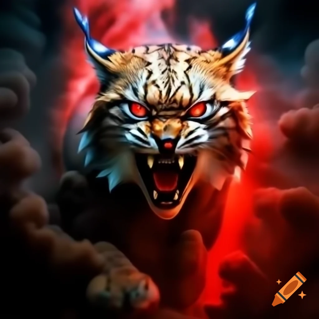 Lynx face emerging from red mist with glowing eyes