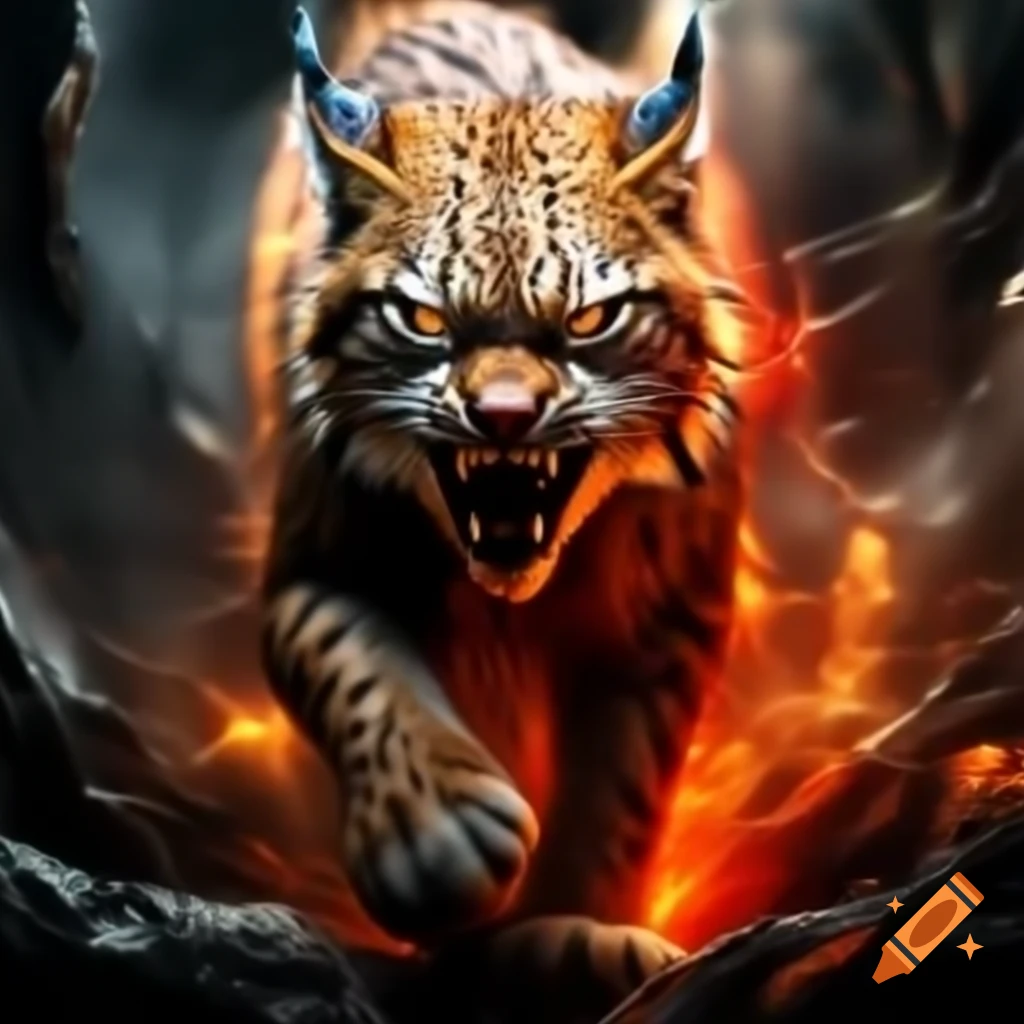 Lynx emerging from gold mist with fiery red gaze