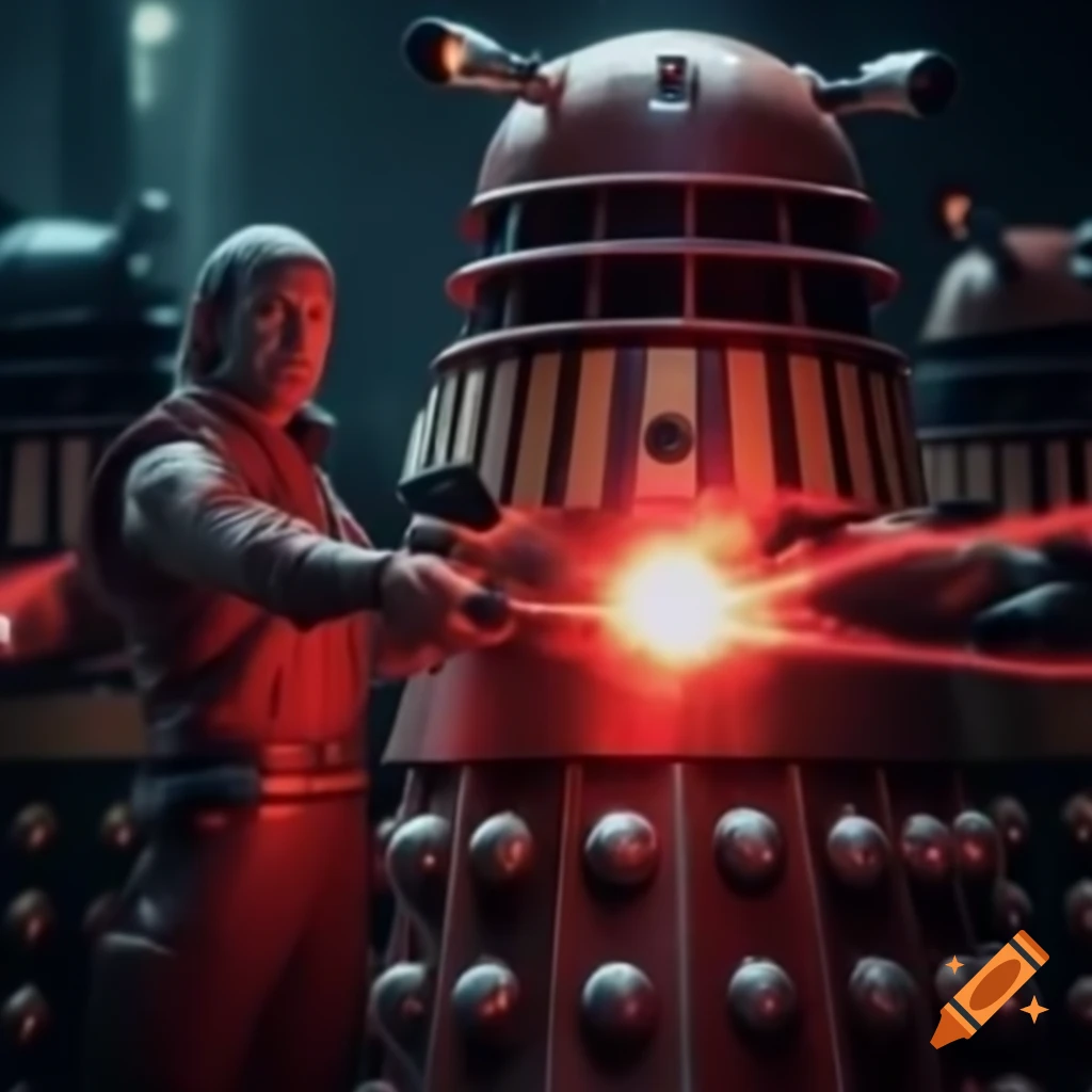 Wizards in red-and-white garb casting plasma spells at daleks in a high-definition battle