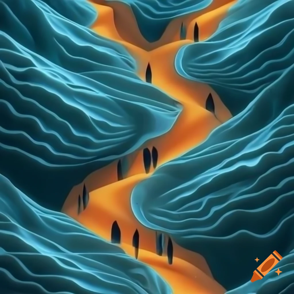 Surrealist nature landscape with people, featuring bright colors and fractal patterns