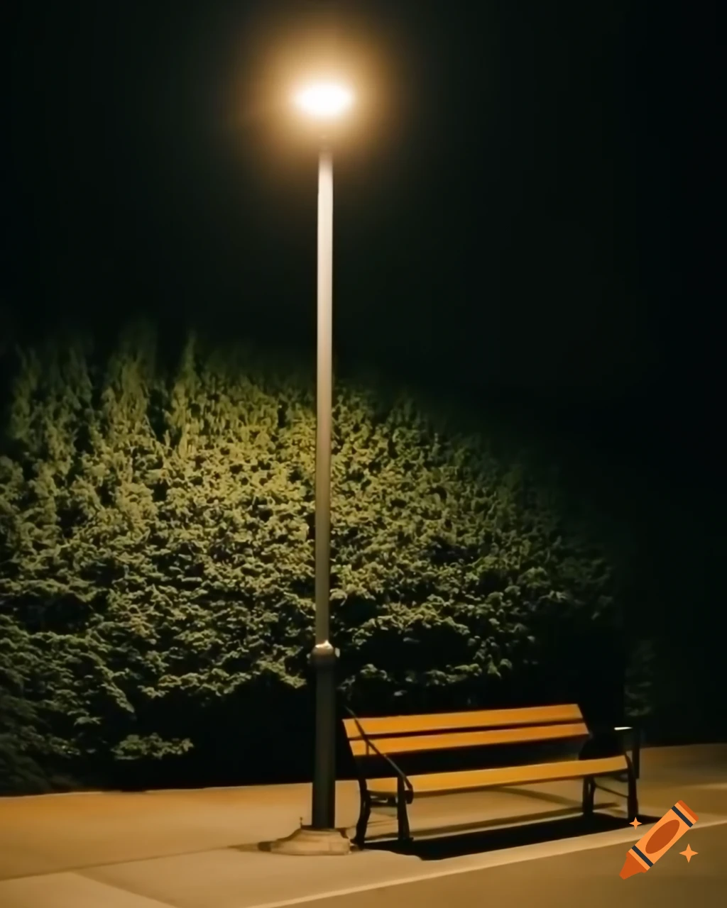 Bench under street light at night surrounded by bushes and trees