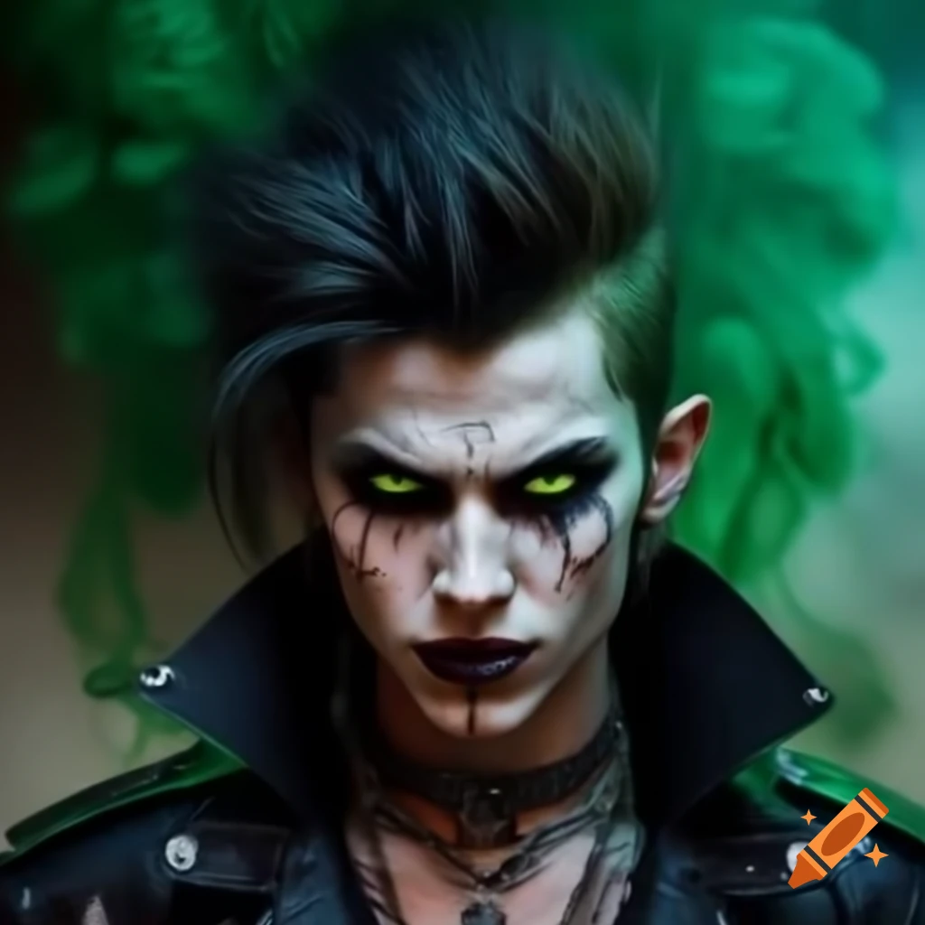 Realistic punk rock vampire with messy hair and piercings, green smoke background