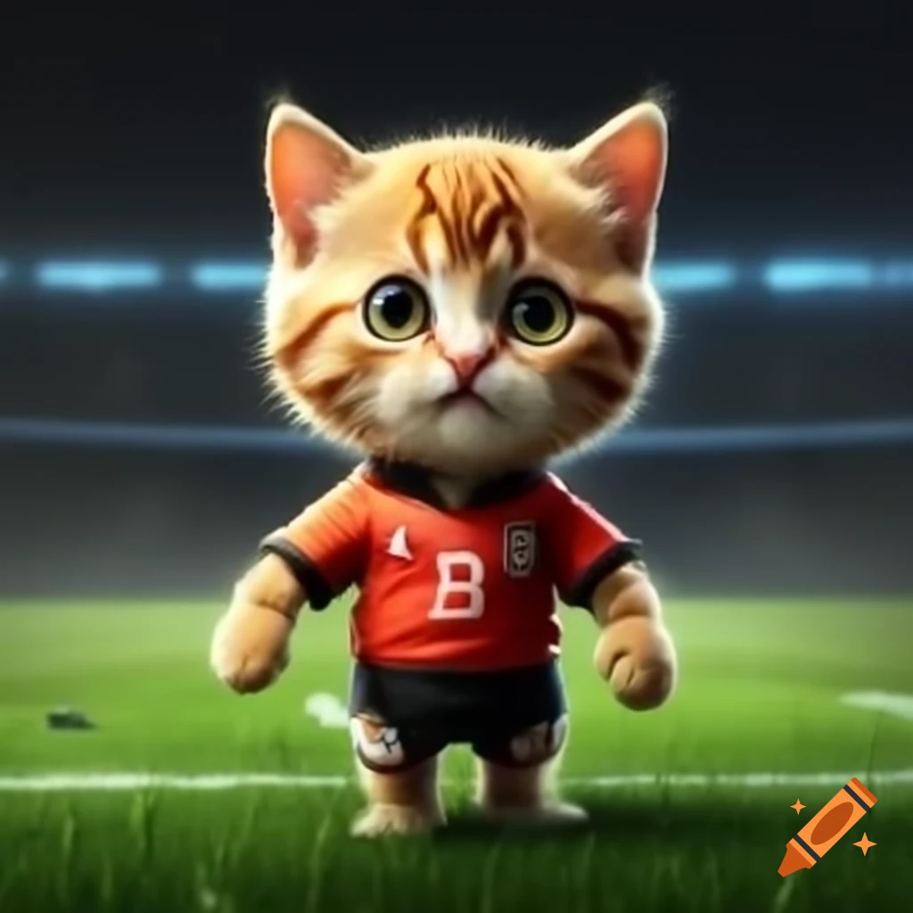 Confident orange tabby kitten in red soccer jersey standing with paws on hips