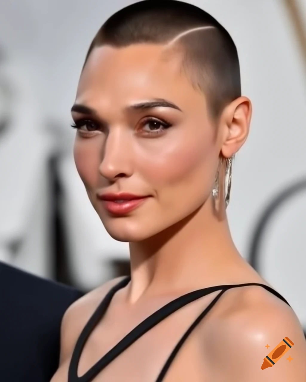 Gal Gadot with shaved haircut in low cut dress, leather choker, and large hoop earrings