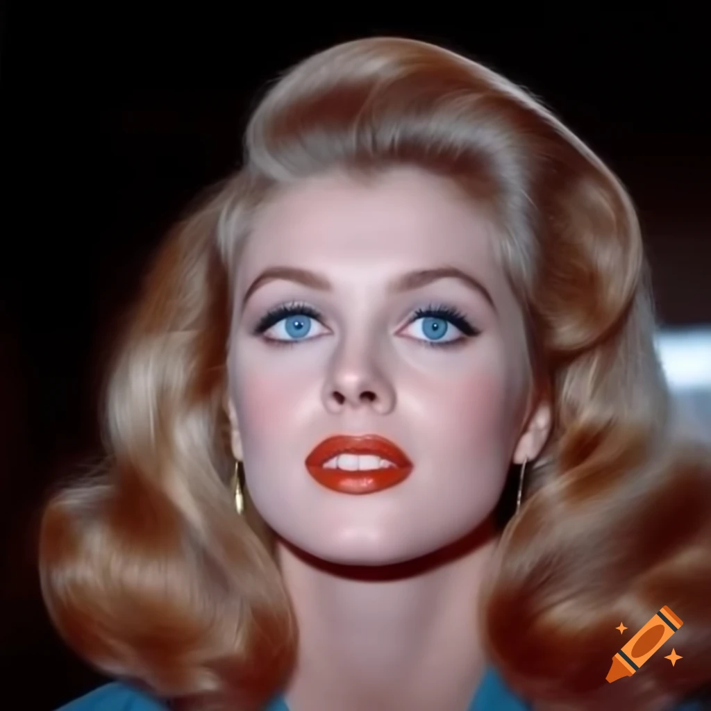 Hyper-realistic portrait of European actress from 1963 with porcelain skin and blue eyes