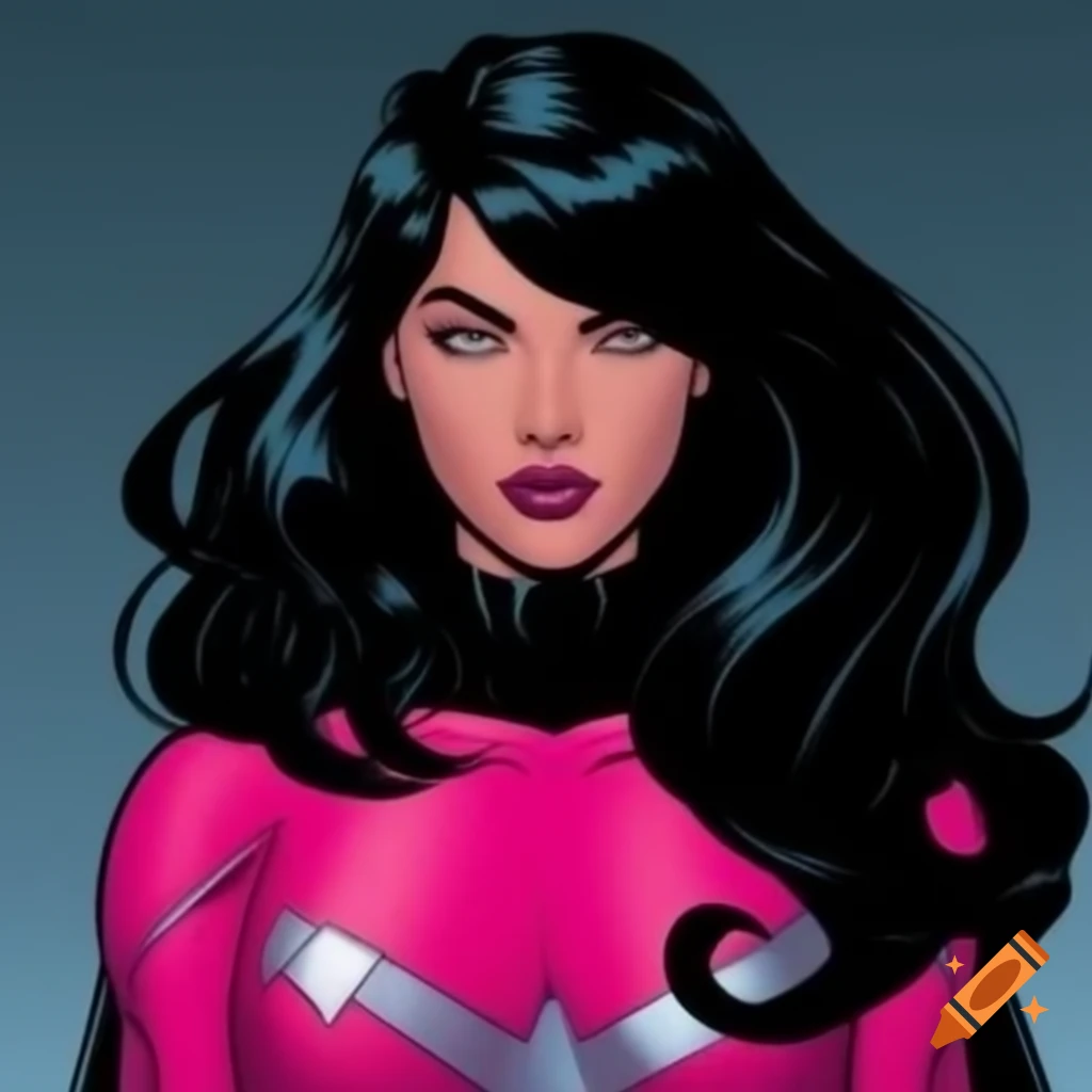 Female superhero with long black hair in pink costume