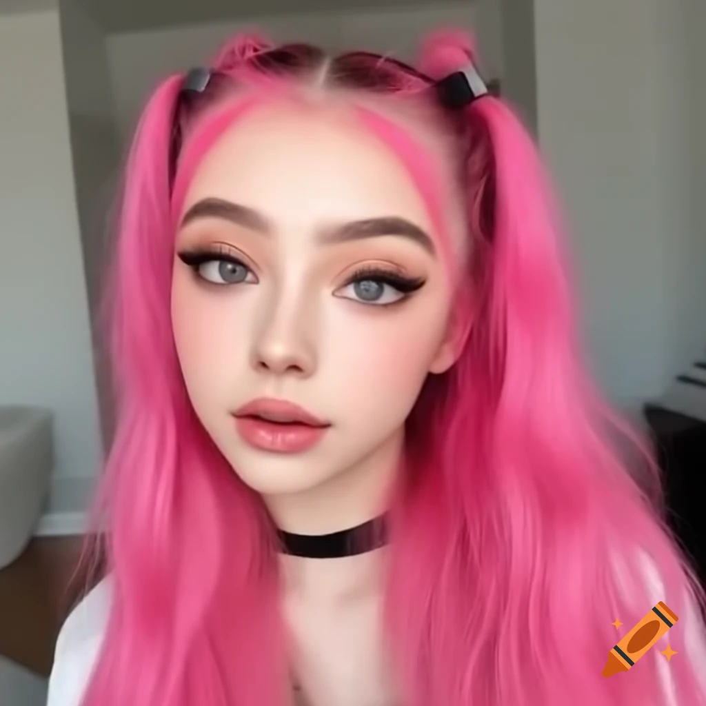 Young woman with pink hair and grey eyes taking a selfie in her room
