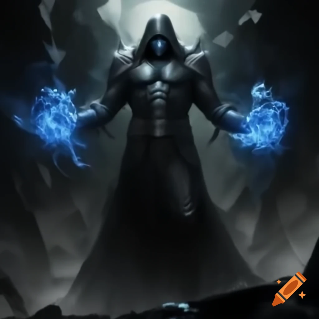 Malevolent figure cloaked in shadows wielding blue energy and obsidian claws