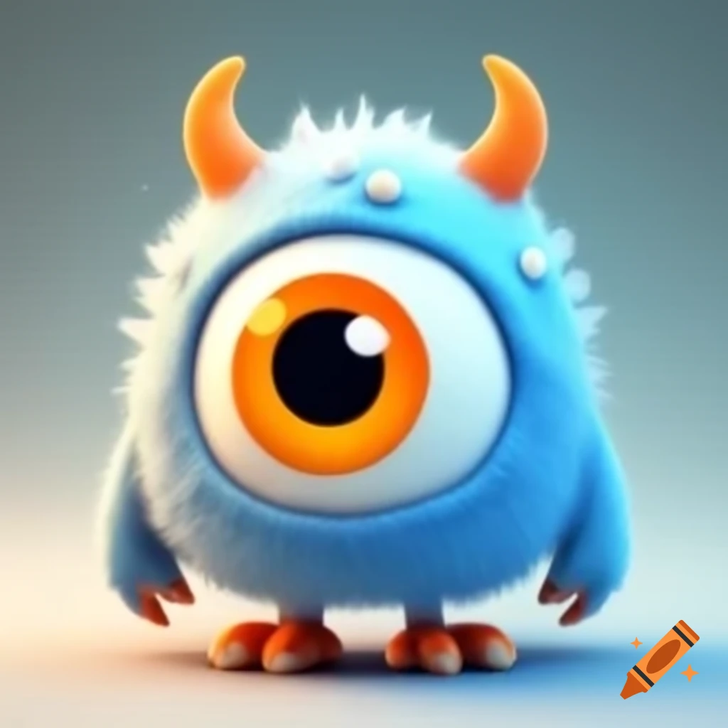 Cute monster with orange eyeball, blue and white fur, and orange horns