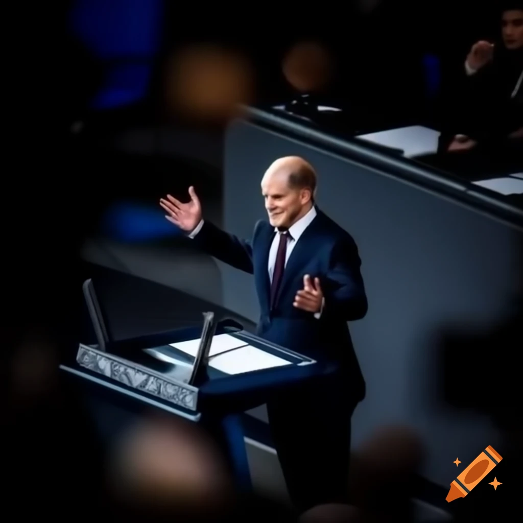 Olaf Scholz delivering speech at German Bundestag, gesturing with direct eye contact