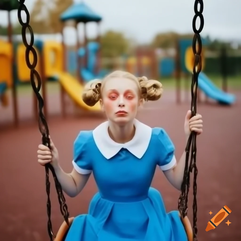 Woman in blue dress swinging joyfully on playground, embodying youth