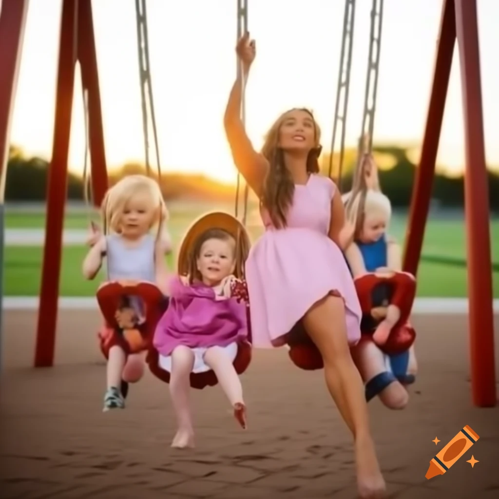 Carefree woman in pink dress enjoying swinging at playground with children
