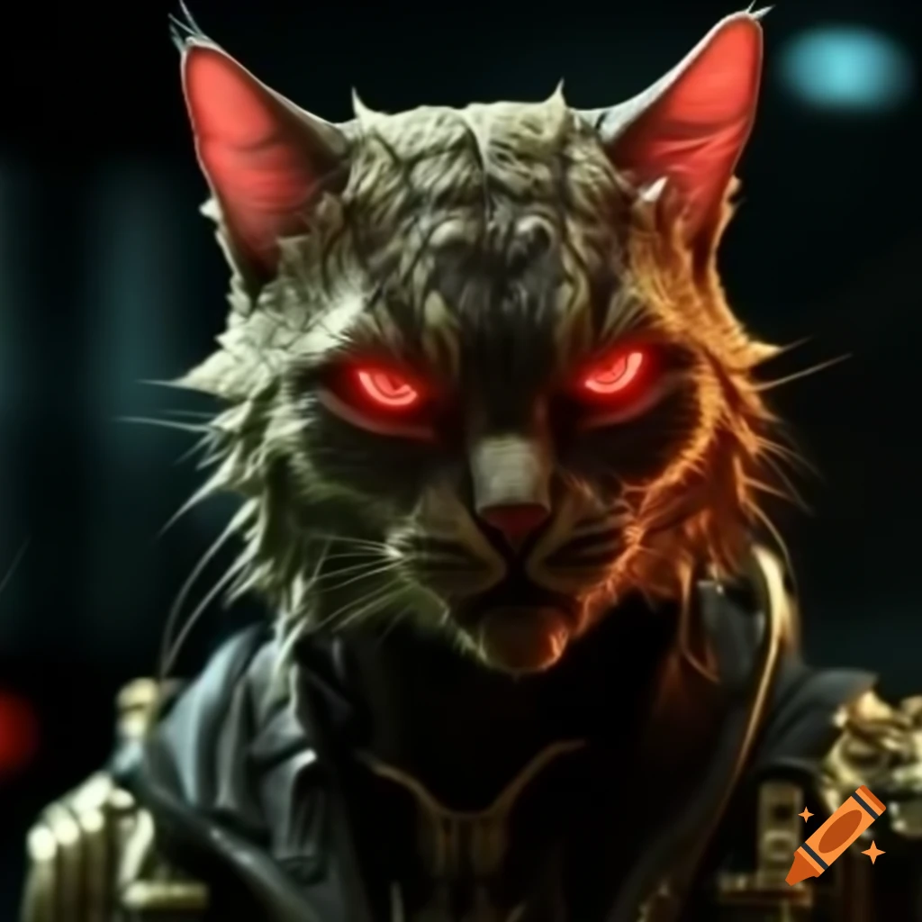 Sinister gold glowing cat deity with red eyes in cyberpunk setting