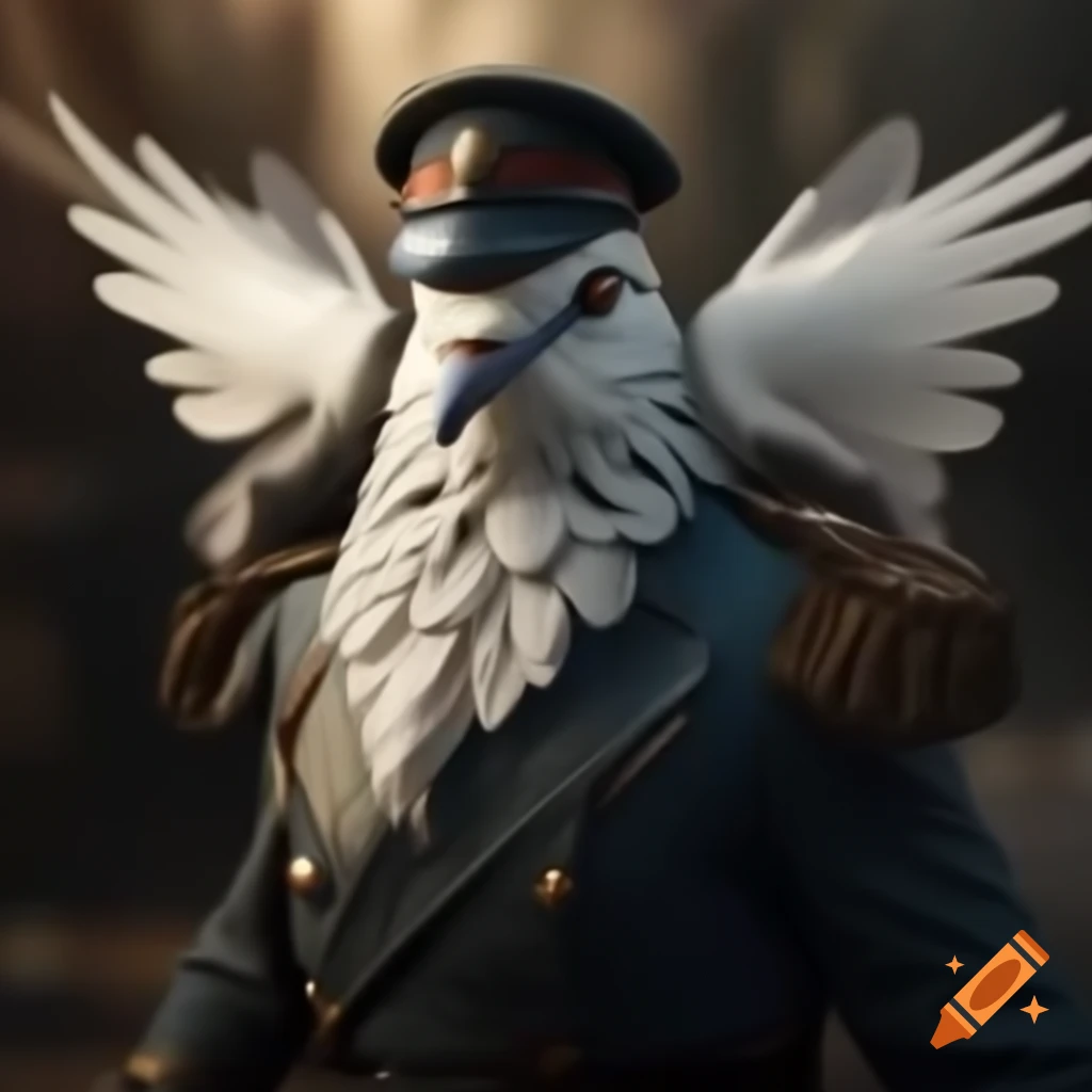 Photorealistic white dove as soldier in uniform