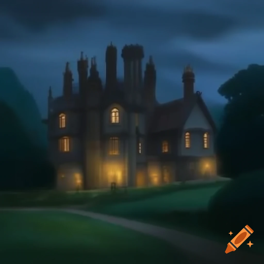 Medieval palace at night in green countryside with high-class houses