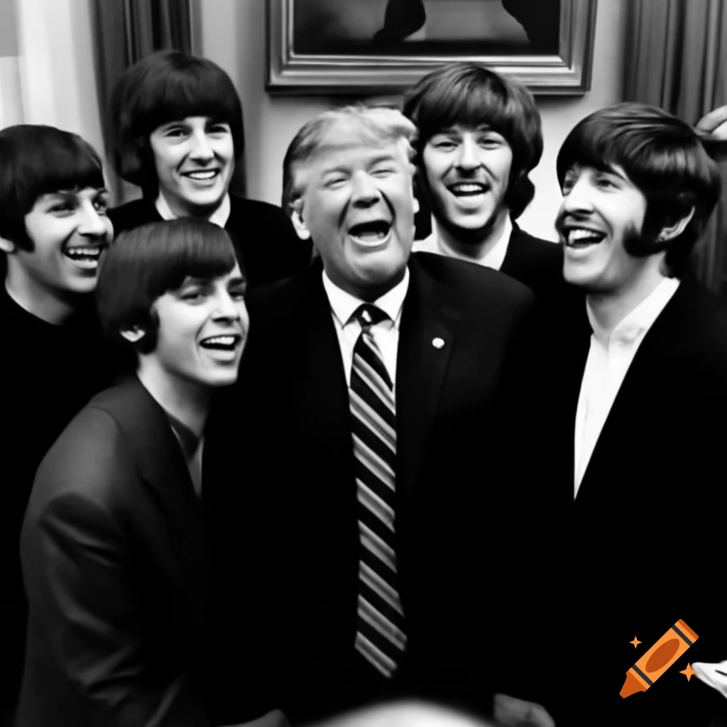 Playful illustration of Donald Trump with Beatles haircut and laughing Beatles, 80s VHS style
