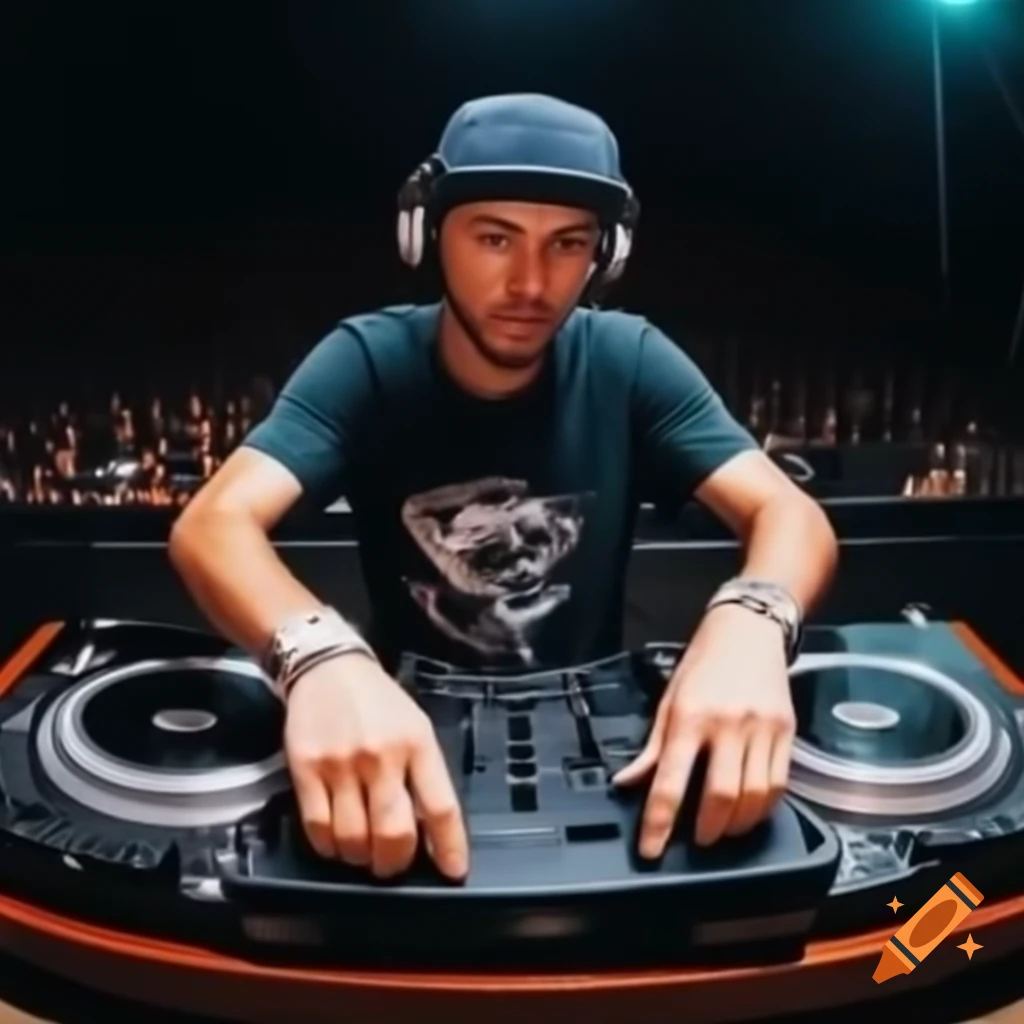 Skateboarder DJing with Technics 1200 turntables in front of club crowd