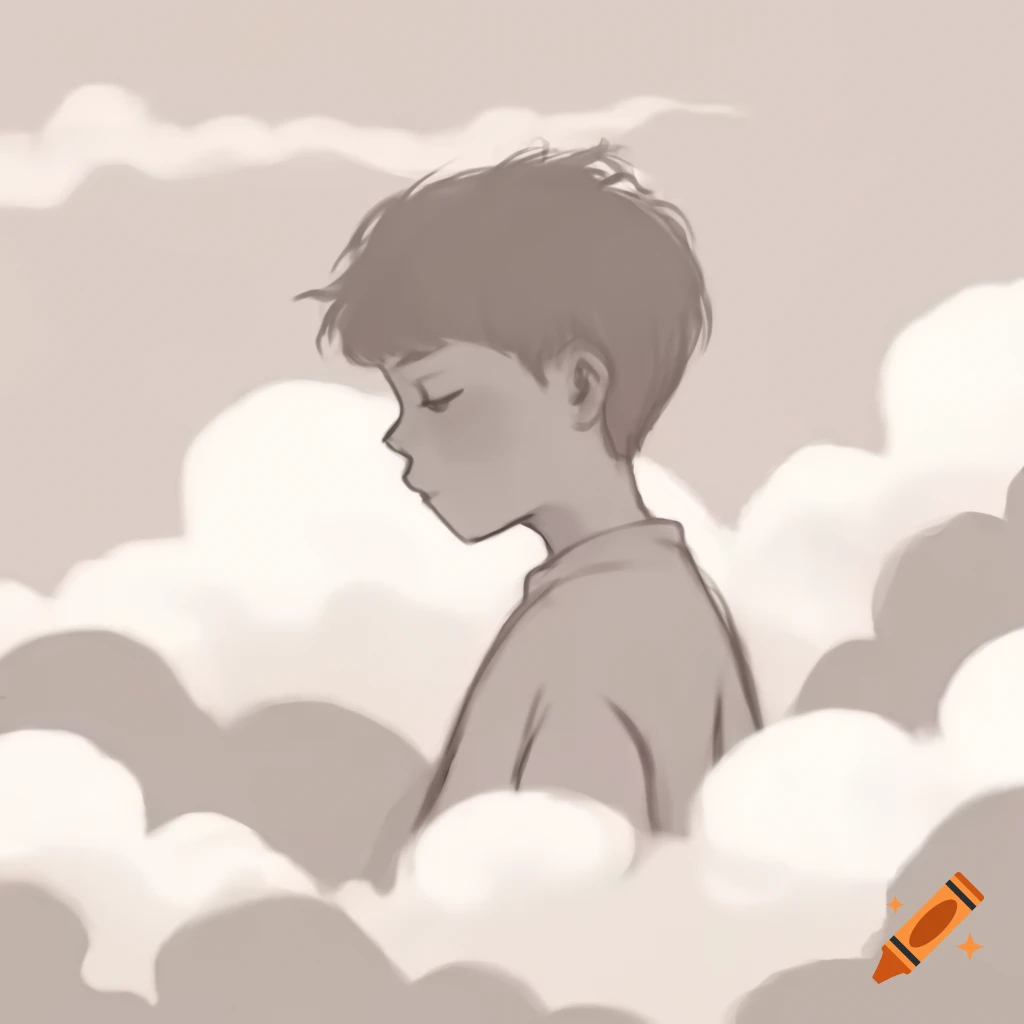 Rough Lofi sketch of a boy surrounded by clouds