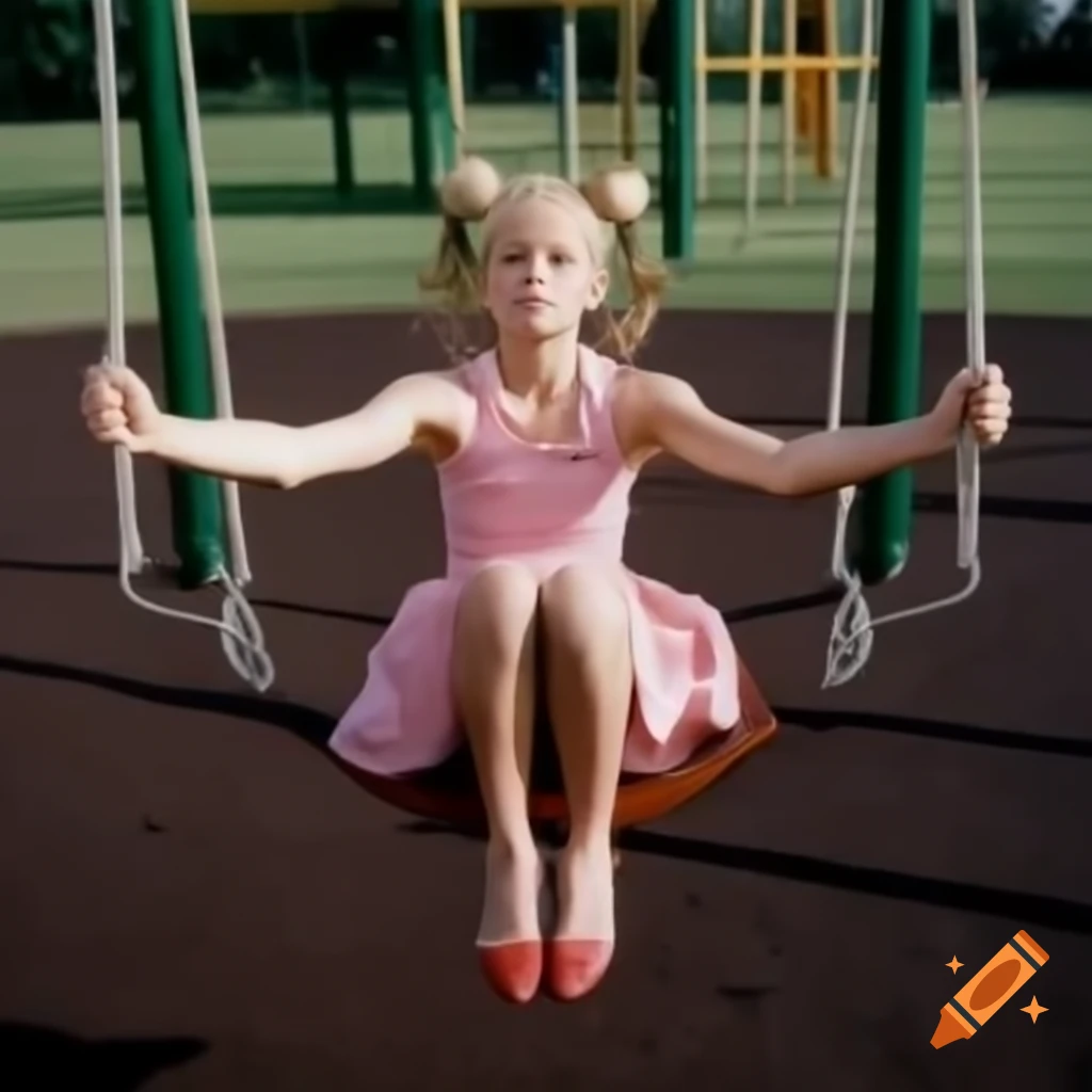 Girl with blonde pigtails swinging in playground wearing a pink dress