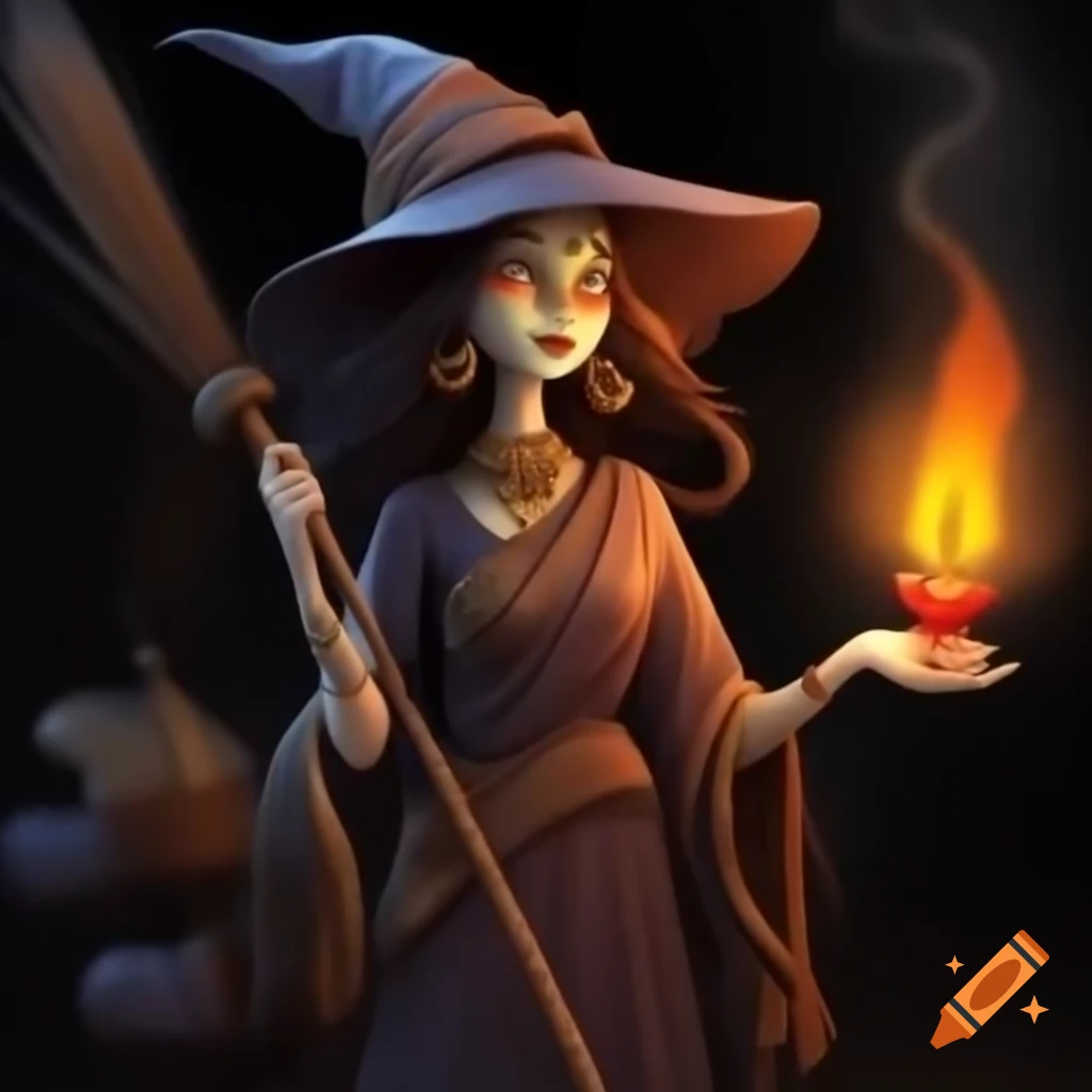 Witch wearing a saree holding a broom and diya