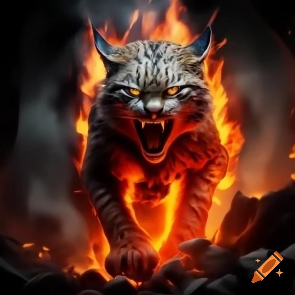Lynx silhouette emerging from fiery furnace with smoky hues
