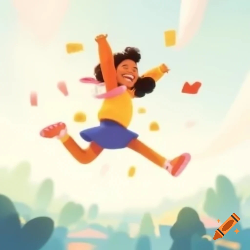 Animated girl jumping with joy after receiving good news on phone call